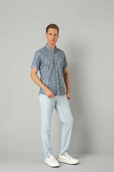 Slim Fit Düğmeli Yaka Desenli Kısa Kollu Pamuk Mavi Gömlek G 1499