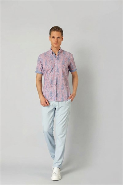 Slim Fit Düğmeli Yaka Desenli Kısa Kollu Pamuk Lila Gömlek G 1499