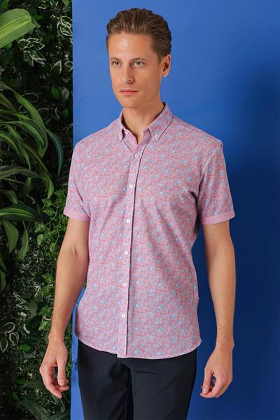 Slim Fit Düğmeli Yaka Desenli Kısa Kol Pamuk Eflatun Gömlek G 1504