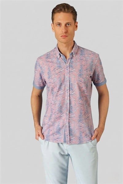 Slim Fit Düğmeli Yaka Desenli Kısa Kollu Pamuk Lila Gömlek G 1499