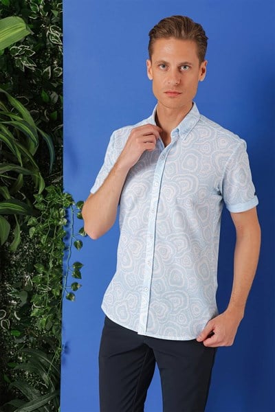 Slim Fit Düğmeli Yaka Desenli Kısa Kollu Pamuk Mavi Gömlek G 1503
