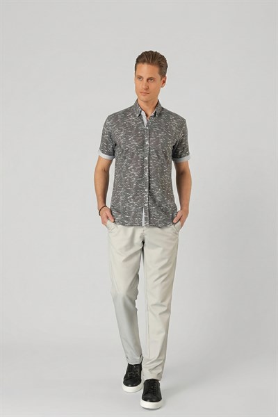 Slim Fit Düğmeli Yaka Desenli Kısa Kollu Pamuk Füme Gömlek G 1499