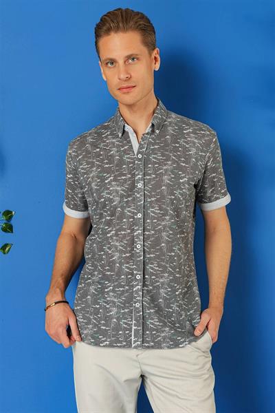 Slim Fit Düğmeli Yaka Desenli Kısa Kol Pamuk Füme Gömlek G 1499