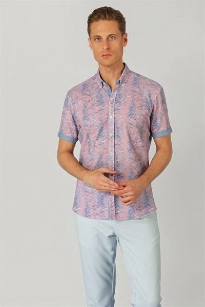 Slim Fit Düğmeli Yaka Desenli Kısa Kollu Pamuk Lila Gömlek G 1499