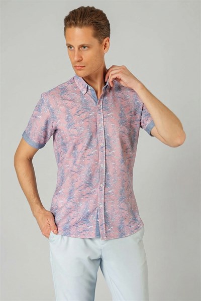 Slim Fit Düğmeli Yaka Desenli Kısa Kollu Pamuk Lila Gömlek G 1499