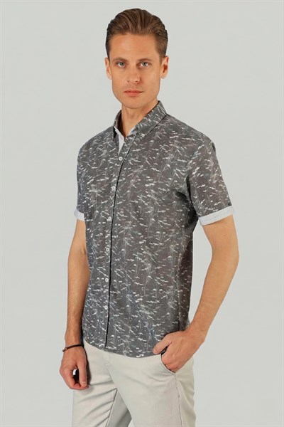 Slim Fit Düğmeli Yaka Desenli Kısa Kollu Pamuk Füme Gömlek G 1499