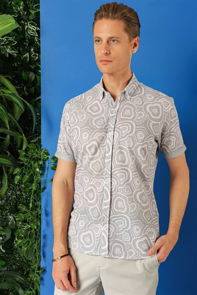 Slim Fit Düğmeli Yaka Desenli Kısa Kollu Pamuk Gri Gömlek G 1503