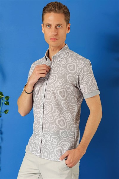 Slim Fit Düğmeli Yaka Desenli Kısa Kollu Pamuk Gri Gömlek G 1503