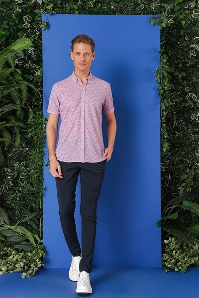 Slim Fit Düğmeli Yaka Desenli Kısa Kollu Pamuk Eflatun Gömlek G 1504