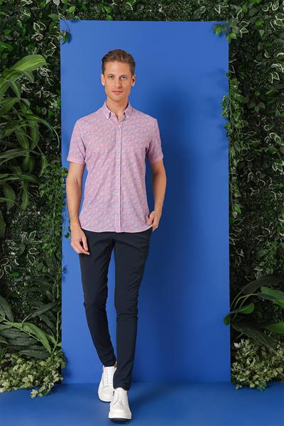 Slim Fit Düğmeli Yaka Desenli Kısa Kol Pamuk Eflatun Gömlek G 1504