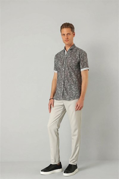 Slim Fit Düğmeli Yaka Desenli Kısa Kollu Pamuk Füme Gömlek G 1499