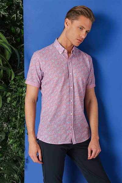 Slim Fit Düğmeli Yaka Desenli Kısa Kollu Pamuk Eflatun Gömlek G 1504