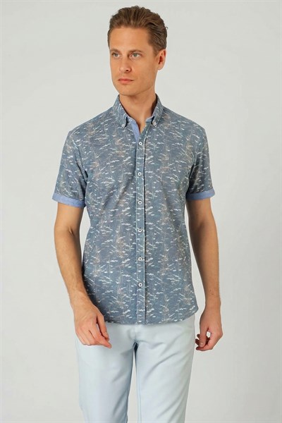 Slim Fit Düğmeli Yaka Desenli Kısa Kollu Pamuk Mavi Gömlek G 1499
