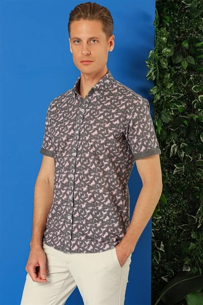 Slim Fit Düğmeli Yaka Desenli Kısa Kollu Pamuk Füme Gömlek G 1504