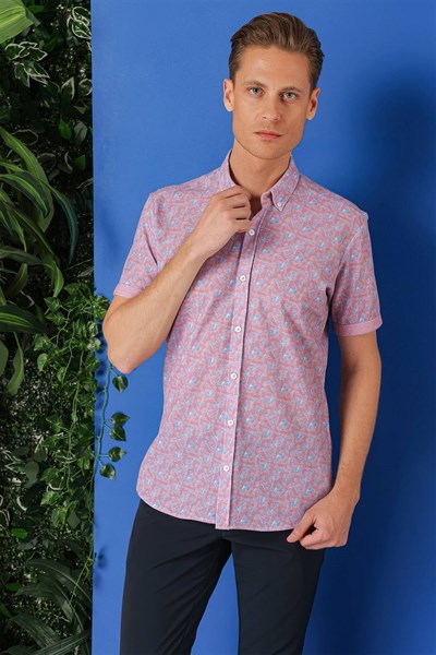 Slim Fit Düğmeli Yaka Desenli Kısa Kollu Pamuk Eflatun Gömlek G 1504