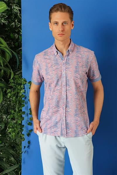 Slim Fit Düğmeli Yaka Desenli Kısa Kol Pamuk Lila Gömlek G 1499