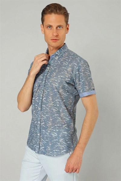 Slim Fit Düğmeli Yaka Desenli Kısa Kollu Pamuk Mavi Gömlek G 1499