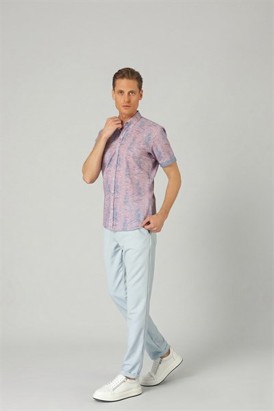 Slim Fit Düğmeli Yaka Desenli Kısa Kollu Pamuk Lila Gömlek G 1499