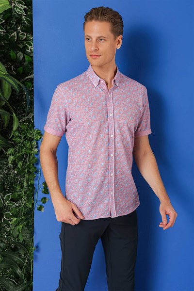 Slim Fit Düğmeli Yaka Desenli Kısa Kollu Pamuk Eflatun Gömlek G 1504