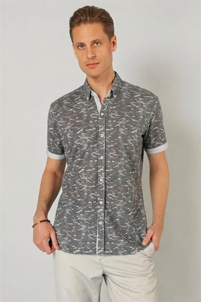 Slim Fit Düğmeli Yaka Desenli Kısa Kollu Pamuk Füme Gömlek G 1499