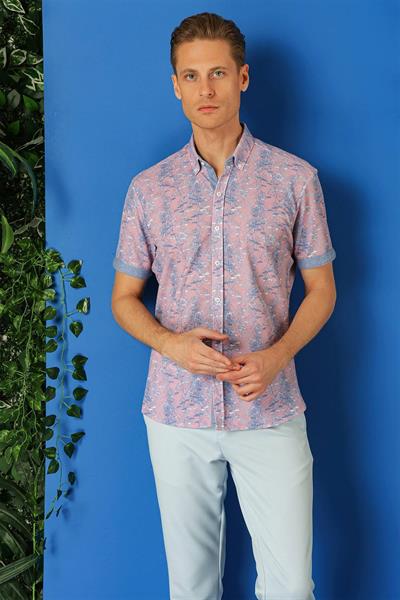 Slim Fit Düğmeli Yaka Desenli Kısa Kol Pamuk Lila Gömlek G 1499