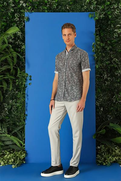 Slim Fit Düğmeli Yaka Desenli Kısa Kol Pamuk Füme Gömlek G 1499