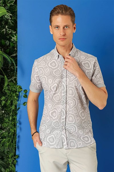 Slim Fit Düğmeli Yaka Desenli Kısa Kollu Pamuk Gri Gömlek G 1503
