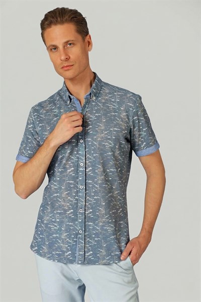 Slim Fit Düğmeli Yaka Desenli Kısa Kollu Pamuk Mavi Gömlek G 1499