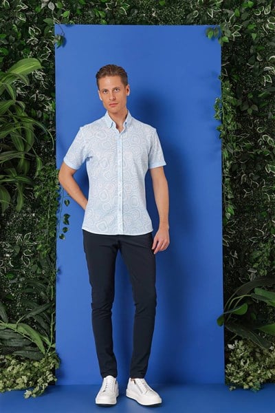 Slim Fit Düğmeli Yaka Desenli Kısa Kollu Pamuk Mavi Gömlek G 1503