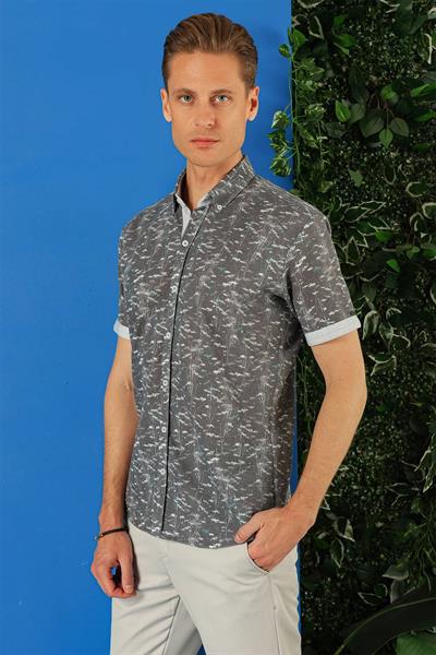 Slim Fit Düğmeli Yaka Desenli Kısa Kol Pamuk Füme Gömlek G 1499
