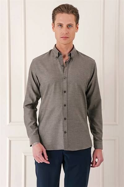 Slim Fit Düğmeli Yaka Dokulu %100 Pamuk Kahverengi Gömlek Gk 724