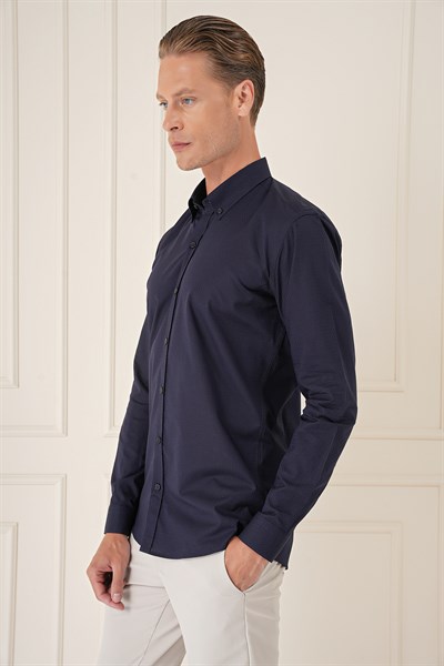 Slim Fit Düğmeli Yaka Dokulu %100 Pamuk Lacivert Gömlek Gk 726
