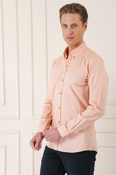 Slim Fit Düğmeli Yaka Dokulu %100 Pamuk Somon Gömlek Gk 724