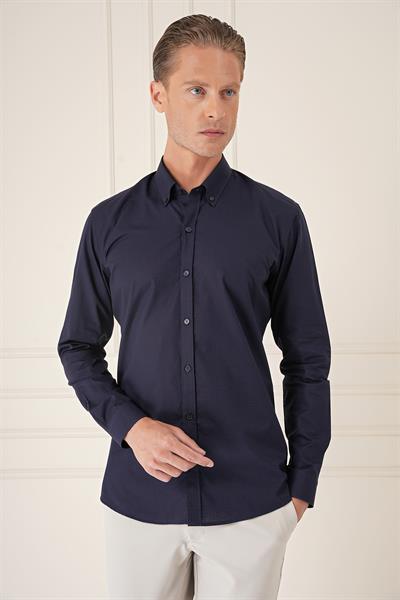 Slim Fit Düğmeli Yaka Dokulu %100 Pamuk Lacivert Gömlek Gk 726