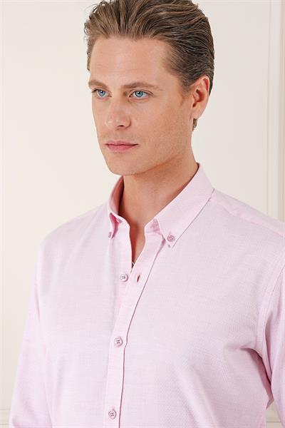 Slim Fit Düğmeli Yaka Dokulu %100 Pamuk Klasik Pudra Gömlek Gk 724