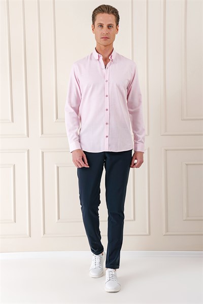 Slim Fit Düğmeli Yaka Dokulu %100 Pamuk Pudra Gömlek Gk 724