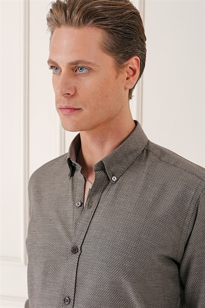Slim Fit Düğmeli Yaka Dokulu %100 Pamuk Kahverengi Gömlek Gk 724