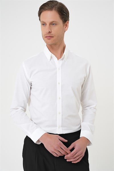Slim Fit Düğmeli Yaka Dokulu %100 Pamuk Beyaz 2 Gömlek Gk 726