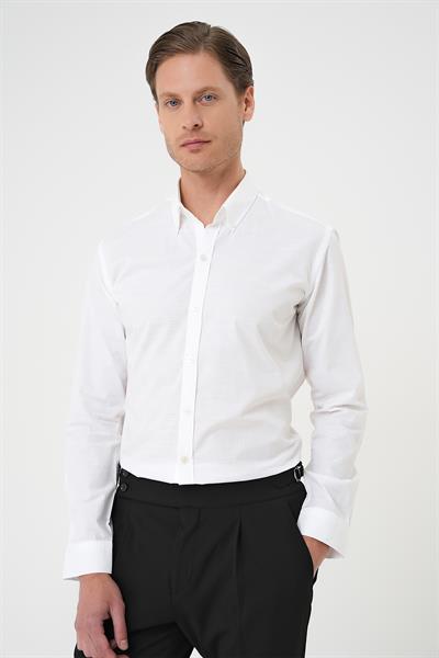Slim Fit Düğmeli Yaka Dokulu %100 Pamuk Klasik Beyaz 2 Gömlek Gk 726