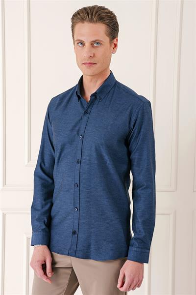 Slim Fit Düğmeli Yaka Dokulu %100 Pamuk Klasik Lacivert Gömlek Gk 724