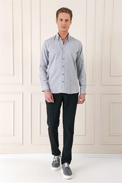 Slim Fit Düğmeli Yaka Dokulu %100 Pamuk Klasik Açık Gri Gömlek Gk 724