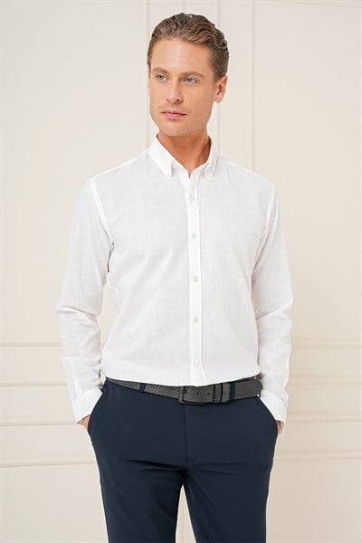 Slim Fit Düğmeli Yaka Dokulu %100 Pamuk Beyaz Gömlek Gk 726