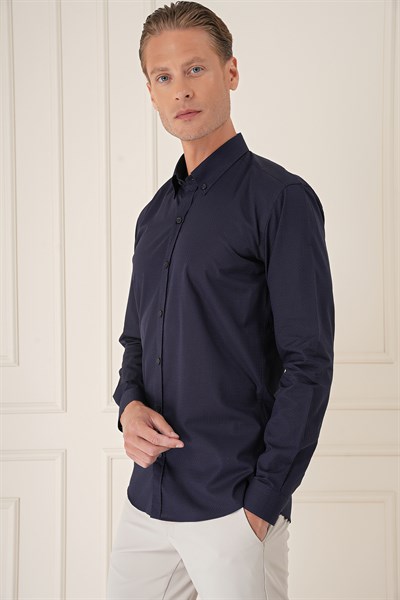 Slim Fit Düğmeli Yaka Dokulu %100 Pamuk Lacivert Gömlek Gk 726