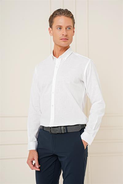 Slim Fit Düğmeli Yaka Dokulu %100 Pamuk Klasik Beyaz Gömlek Gk 726
