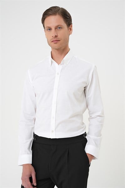 Slim Fit Düğmeli Yaka Dokulu %100 Pamuk Beyaz 2 Gömlek Gk 726