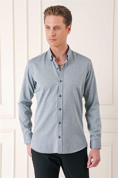 Slim Fit Düğmeli Yaka Dokulu %100 Pamuk Gri Gömlek Gk 724