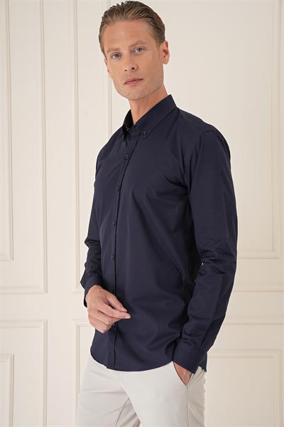 Slim Fit Düğmeli Yaka Dokulu %100 Pamuk Lacivert Gömlek Gk 726