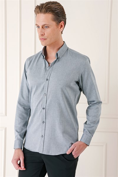 Slim Fit Düğmeli Yaka Dokulu %100 Pamuk Gri Gömlek Gk 724