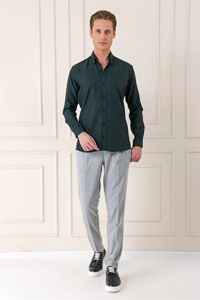 Slim Fit Düğmeli Yaka Dokulu %100 Pamuk Siyah Gömlek Gk 724
