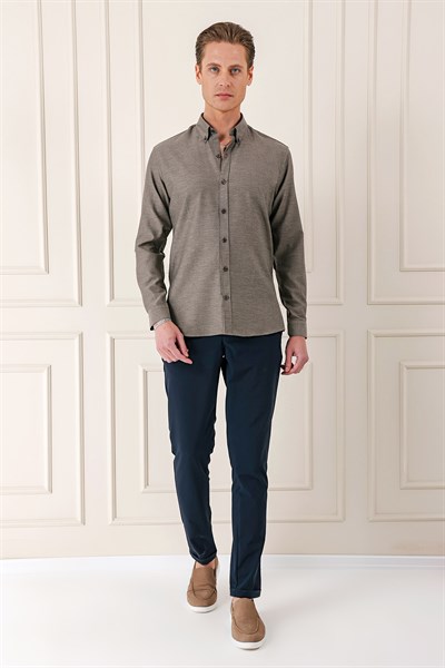 Slim Fit Düğmeli Yaka Dokulu %100 Pamuk Kahverengi Gömlek Gk 724
